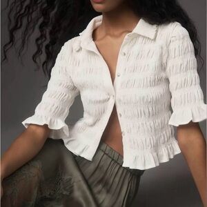 Anthropologie MAEVE SMOCKED BUTTON-FRONT TOP Blouse Shirt M